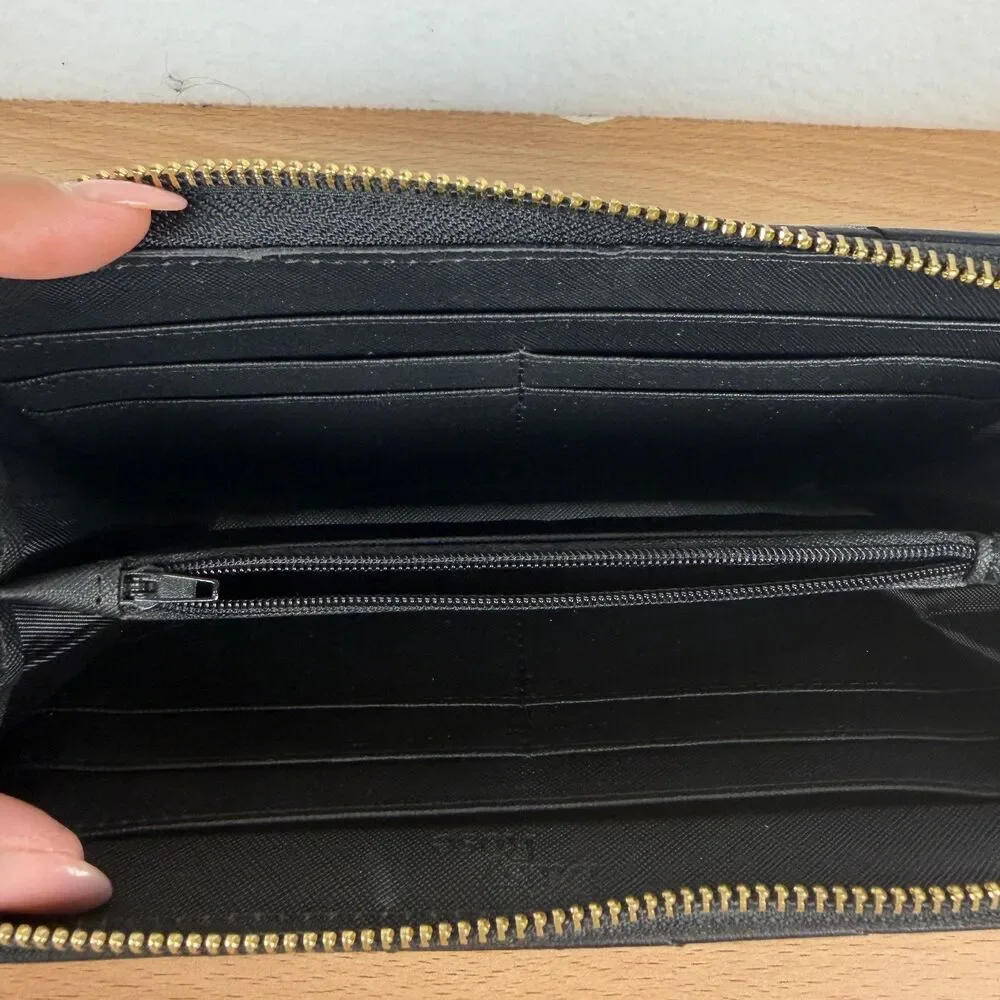 Women’s Black Chevron Quilted Zip Around Wallet Gold Tone Hardware NWOT